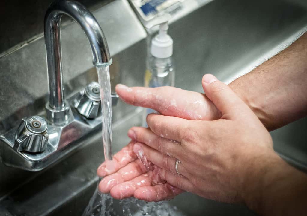 Handwashing hands; washing with soap and water at stainless steel sink.