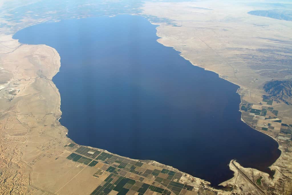 Aerial view of The Salton Sea, surrounded by the Imperial Valley and the Mojave Desert