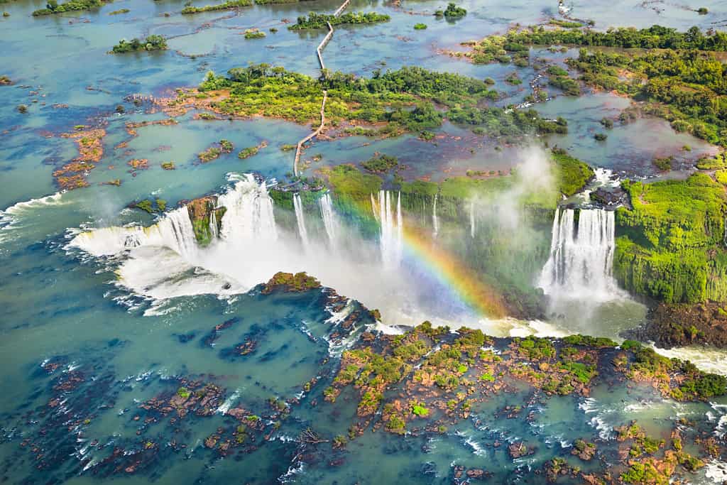 Beautiful aerial view of Iguazu Falls from the helicopter ride - One of the Seven Natural Wonders of the World - Foz do Iguaçu, Brazil