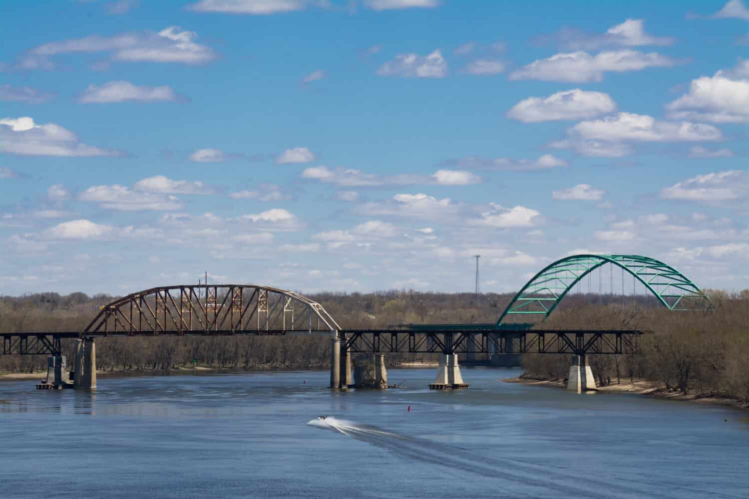 LaSalle Rail Bridge and Abraham Lincoln Memorial Bridge on the Illinois River on a Spring afternoon. LaSalle, Illinois, USA