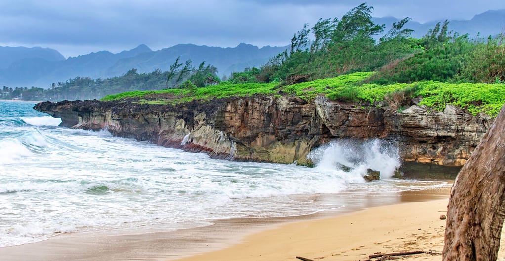 The limestone cliff and strong waves at Laie Beach Park or Pounders Beach , Northshore Oahu Island, Hawaii USA by beach background