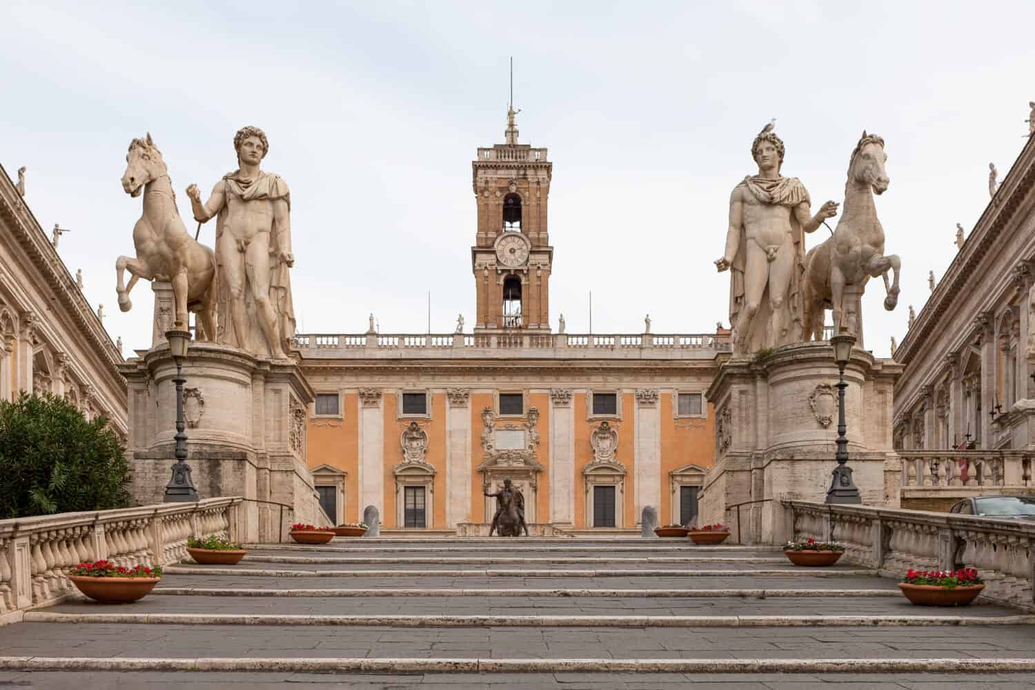 Cordonata Capitolina, Dioscuri statues, Campidoglio square on Capitolium or Capitoline Hill  in Rome, Italy. 