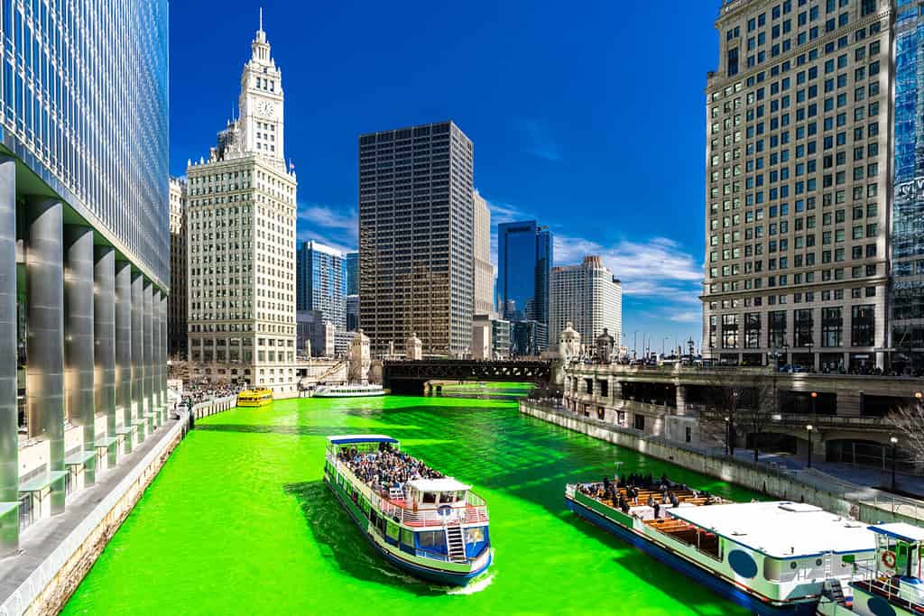 Chicago Skylines bâtiment le long de la rivière de teinture verte de la rivière Chicago sur le festival de la Saint-Patrick dans le centre-ville de Chicago IL USA