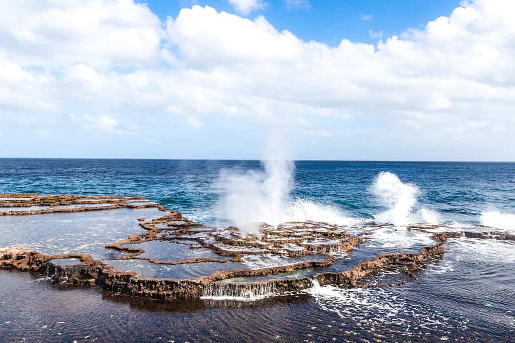 Sea geysers, or blowholes on the coast of Tongatapu island, Tonga