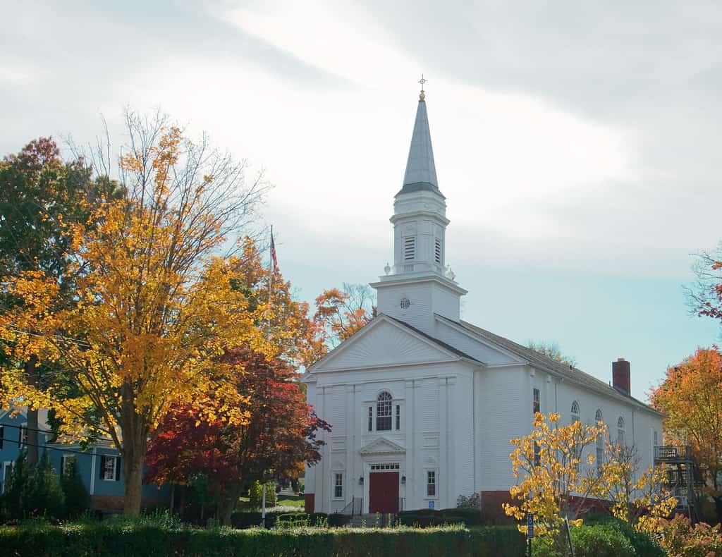 Autumn scenery of first baptist church Hingham MA USA
