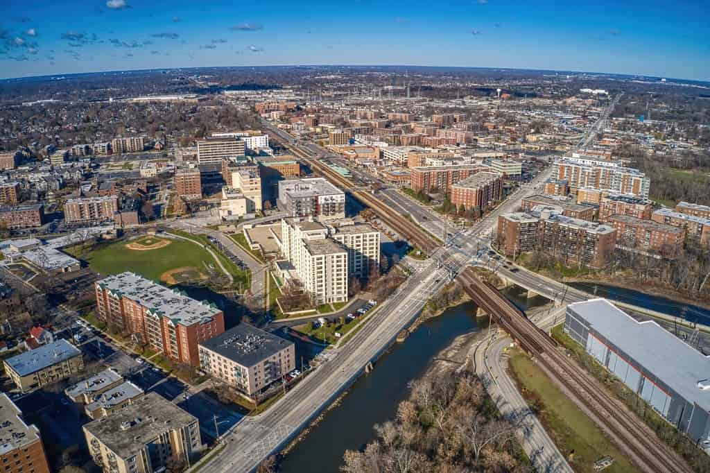 Aerial View of the Chicago Suburb of Des Plaines in Autumn