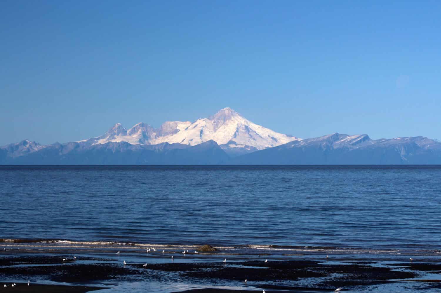View of the Cook Inlet in Alaska with Mount Iliamna in the background
