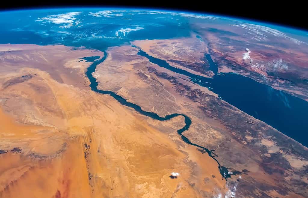 Aerial view of Nile River, Red Sea and Mediterranean Sea. Egypt, Saudi Arabia, Israel and Jordan as seen from space. Satellite view. Elements of this image furnished by NASA.