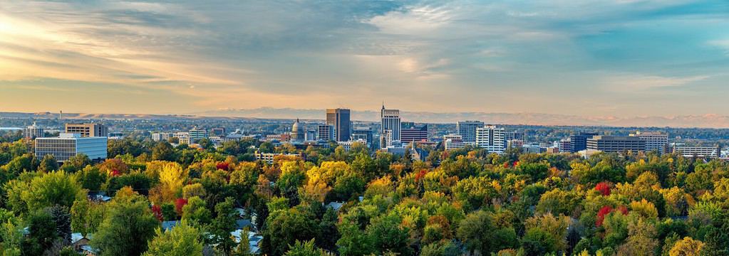 Panoramic view of Autumn colors and the skyline of the City of Trees Boise Idaho