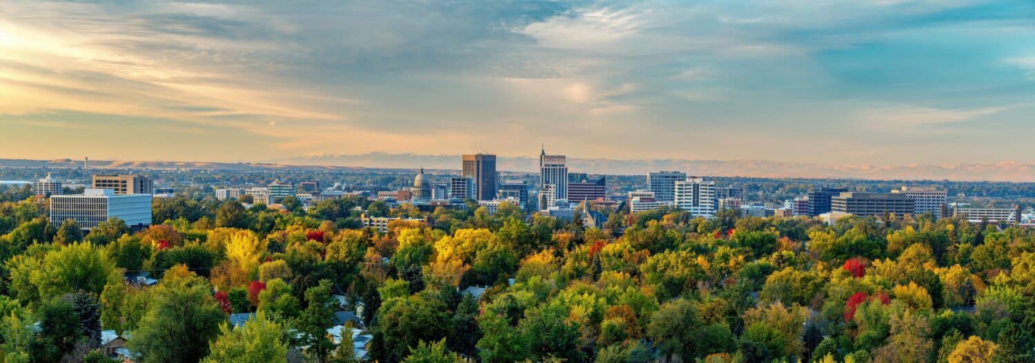 Panoramic view of Autumn colors and the skyline of the City of Trees Boise Idaho