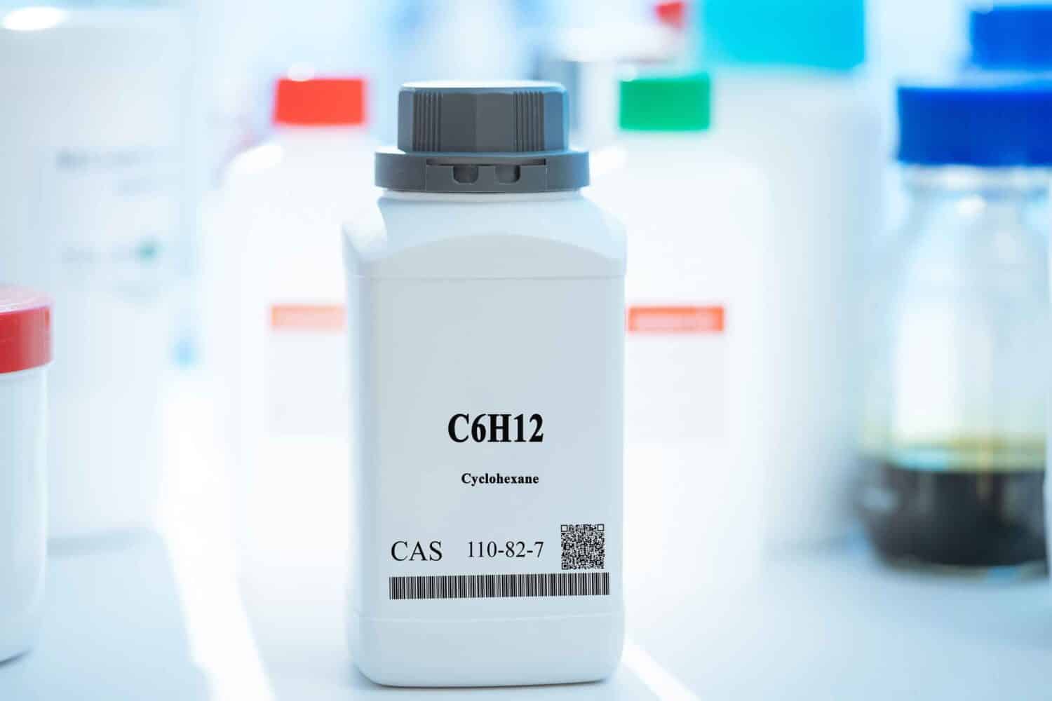 C6H12 cyclohexane CAS 110-82-7 chemical substance in white plastic laboratory packaging