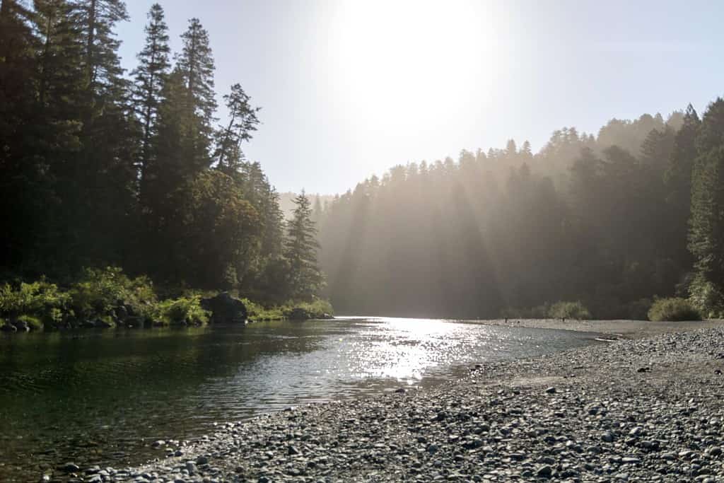 Sunbeams over the Smith River at Redwood National Park in California