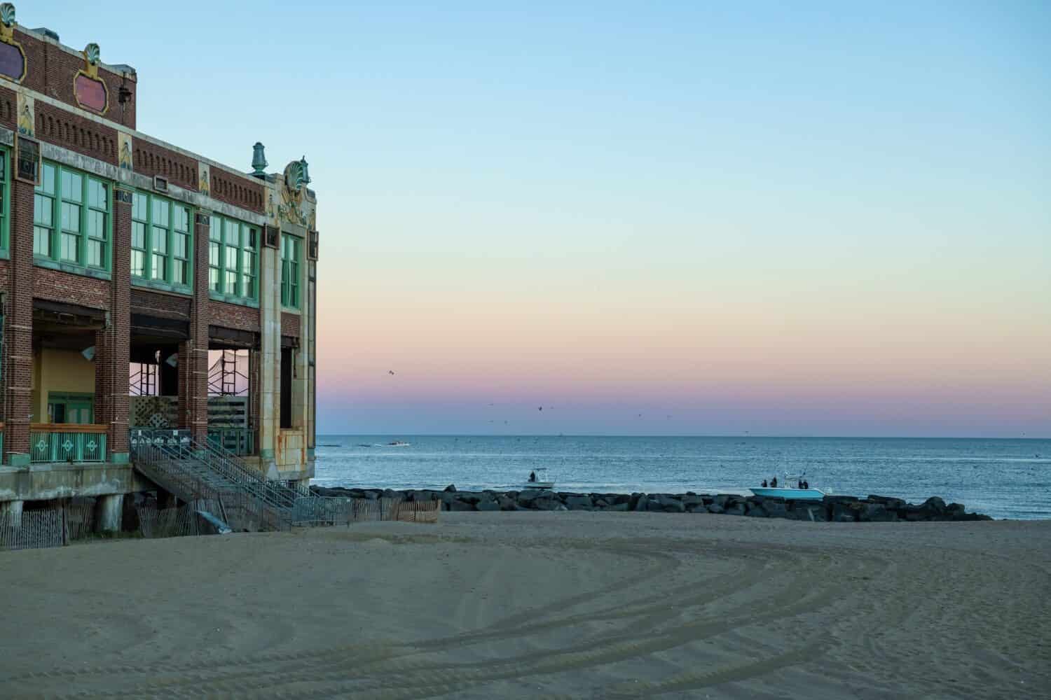 The historic Convention hall at dusk in Asbury Park New Jersey.