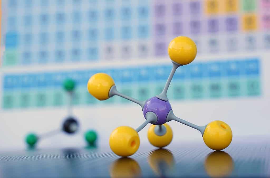 Simulate Shape of covalent molecules on a periodic table background. Soft and selective focus.