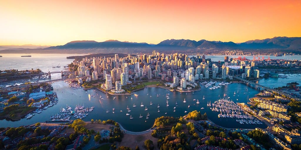 Beautiful aerial view of downtown Vancouver skyline, British Columbia, Canada at sunset-one of the world's 40 cities that could be underwater by 20250