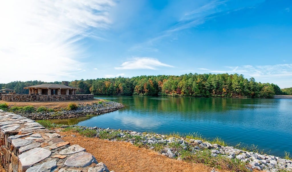 Oak Mountain state park near Birmingham Alabama with blue sky and reflections on the lake