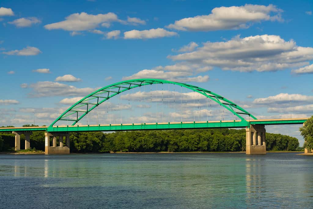 Looking down the Illinois River to the Lincoln Memorial Bridge. LaSalle, Illinois, U.S.A..