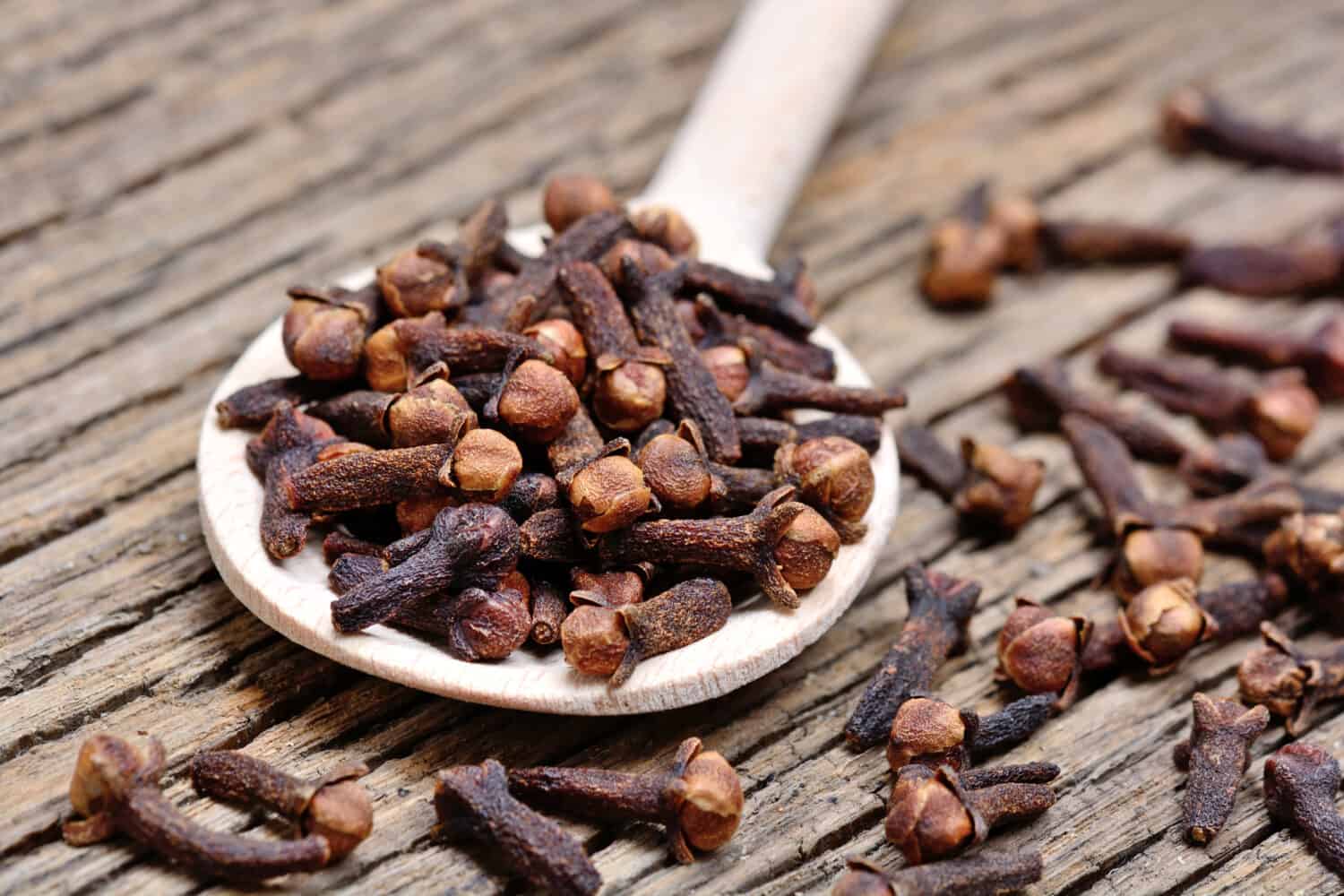 Wooden spoon with cloves on rustic table