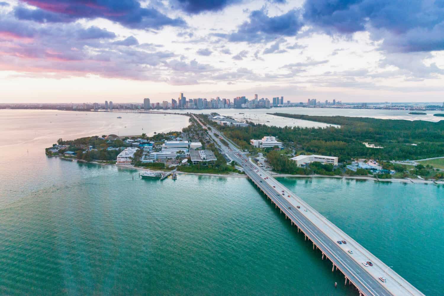 Aerial view of Miami Rickenbacker Causeway at sunset, Florida.