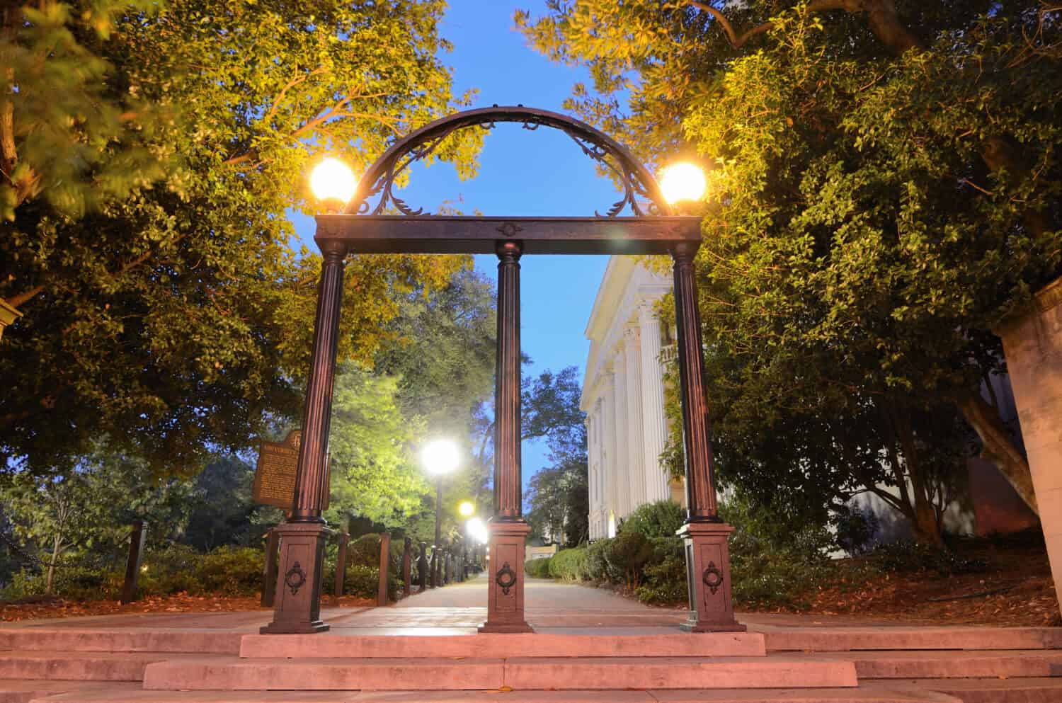 Historic steel archway on the campus of the University of Georgia in Athens, Georgia, USA.
