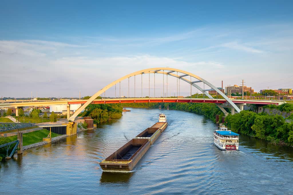 Bridges and Boats on the Cumberland River from Nashville, Tennessee, USA.