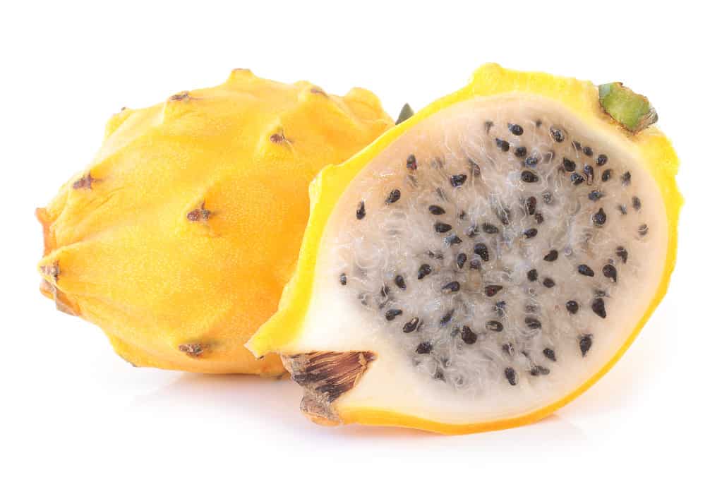Yellow pitahaya (Hylocereus megalanthus) on white background. A whole fruit is visible behind a fruit cut in half. The skin of the fruit is bumpy/textured and the flesh is white with black seeds. 