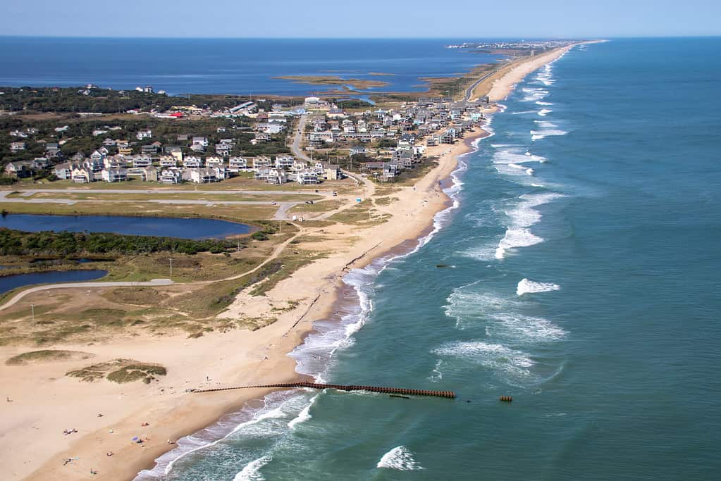 Aerial view along North Carolina Outer Banks showing Buxton to Avon