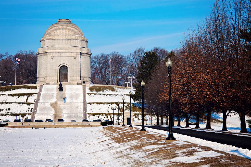 President William McKinley National Memorial with light snowfall on the ground. Canton, Ohio 