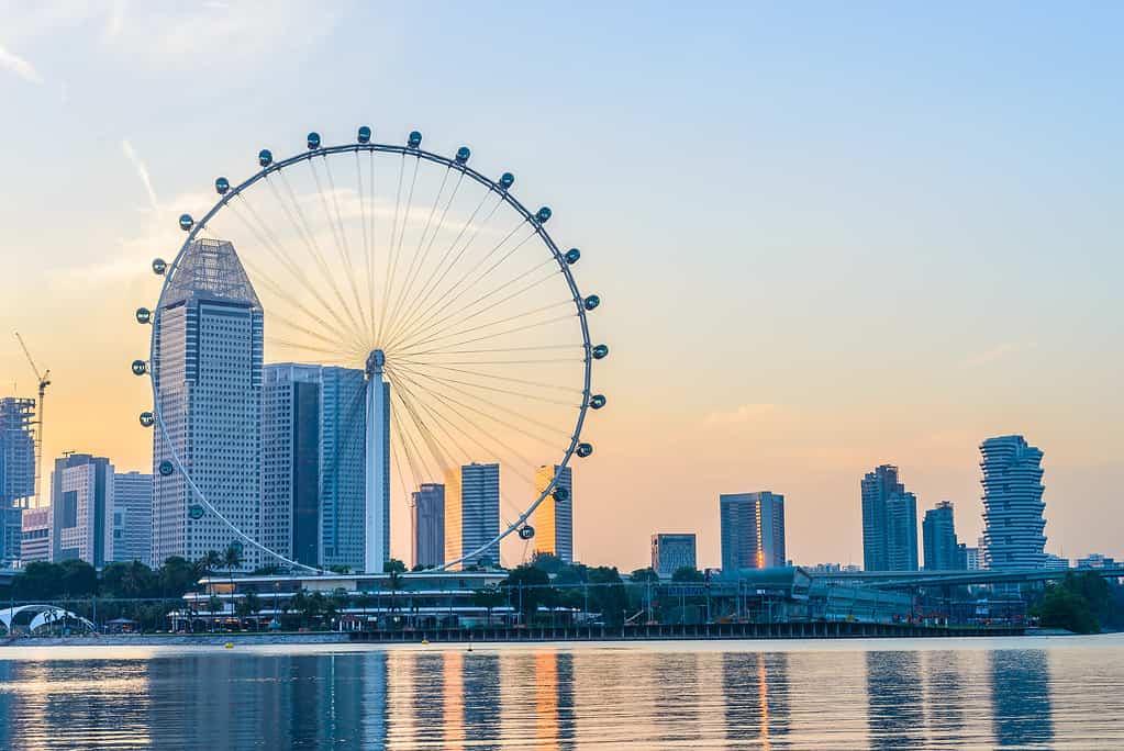 The Singapore Flyer, a large Ferris Wheel in Singapore is visible against a cityscape across an expanse of water. 