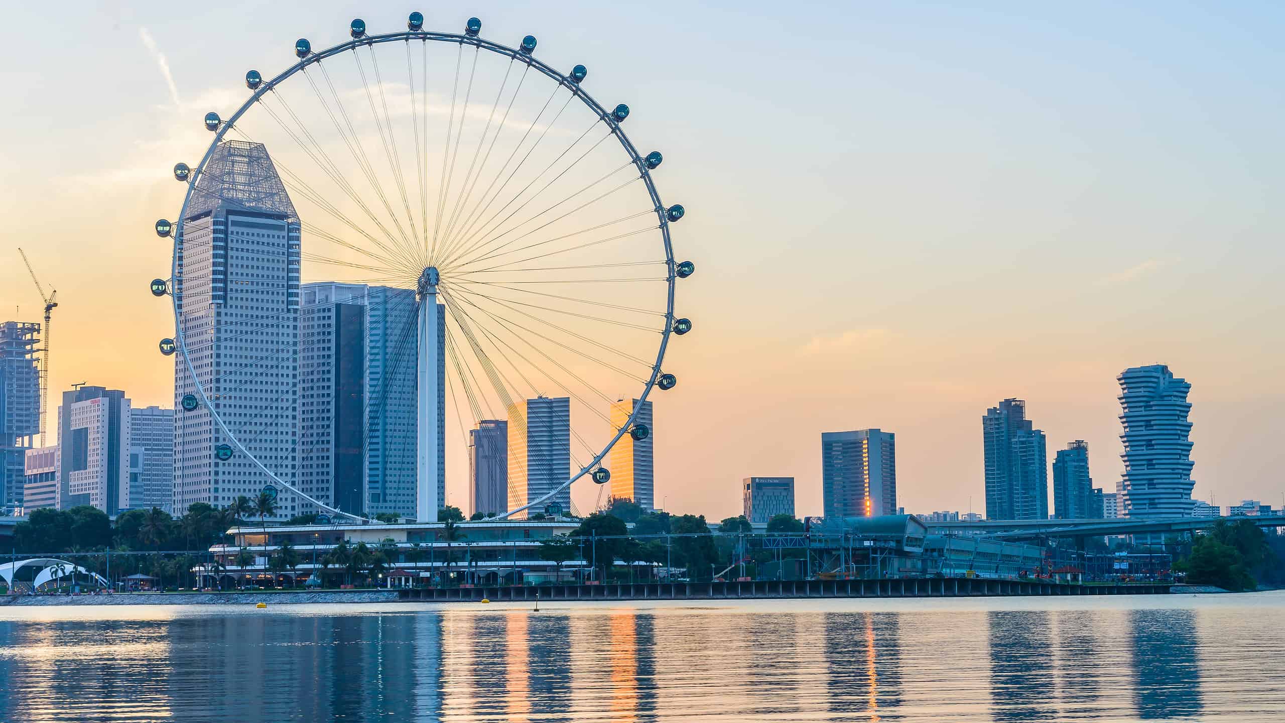 The Singapore Flyer, a large Ferris Wheel in Singapore is visible against a cityscape across an expanse of water.