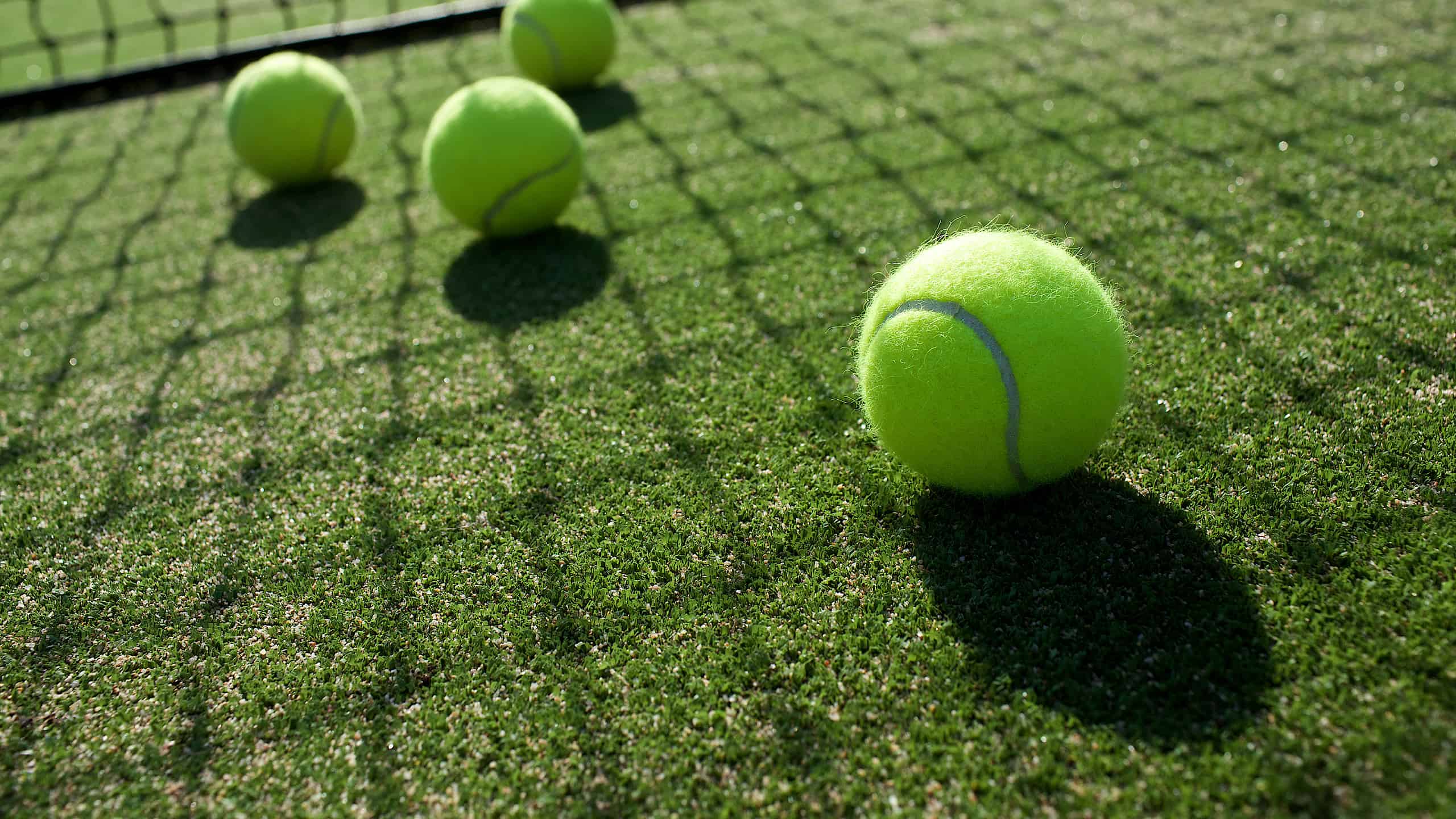 four bright tennis balls are visible on a green grass court. The net is visible toward the back odf the frame. The sun is shining through the nest casting a net shadow on the green grass and yellow balls.