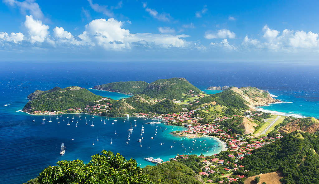 drone shot overlooking Island Town in Guadeloupe