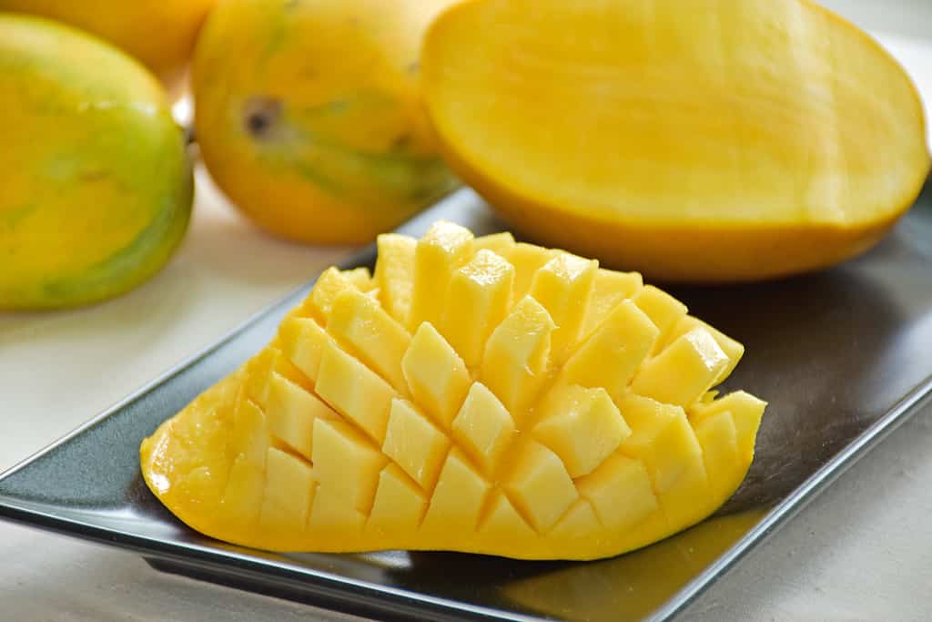 Honey Mangoes cut half. Honey Mangoes cut half. Famous mango Nice cut or carv isolate on white background, Selective focus image. Both the flesh and the skin of the mango are yellow. 