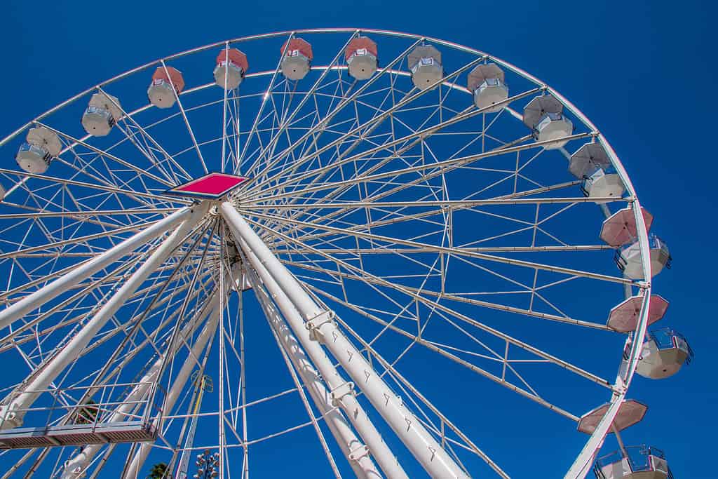 A closeup of the ferris wheel at the Los Angeles County Fair in Pomona.