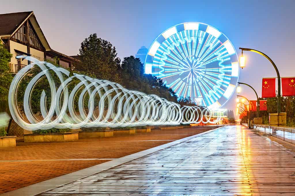 The Star of Nanchang, China Night Ferris wheel and light, modern city landscape, Nanchang, China.