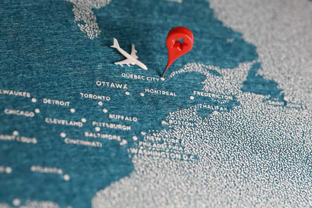Air travel map, Quebec City, Canada.