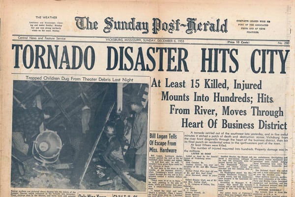 Front page of Sunday Post-Herald about Vicksburg, Mississippi tornado in 1953