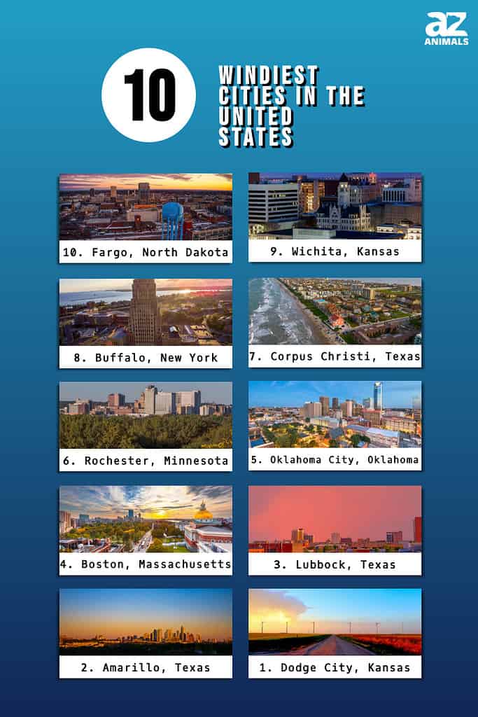 Infographic showing the ten windiest cities in the United States.