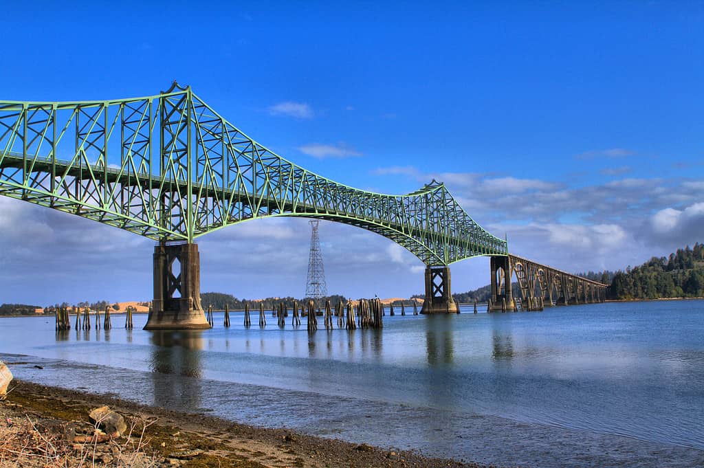A photo of Coos Bay Bridge, with its spans arched over the water.