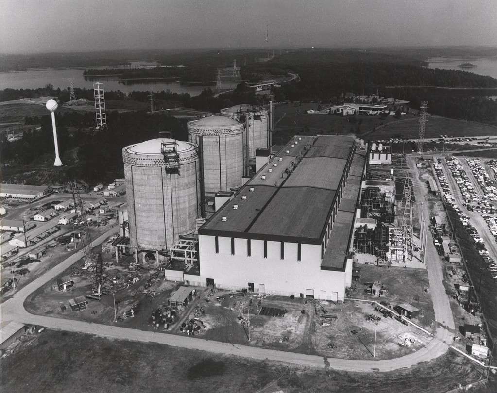 Aerial view of the Duke Power Company's Oconee Nuclear Station at Seneca, South Carolina. Circa 1974.