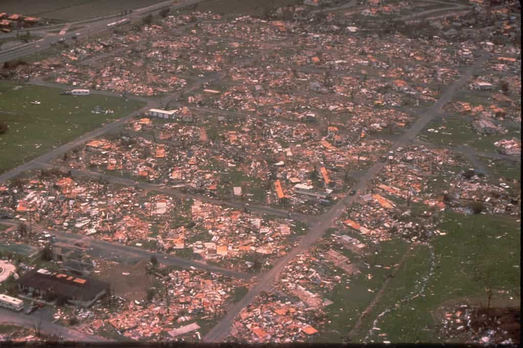 An aerial view of Dade County, Florida, showing damage from one of the most destructive hurricanes in the history of the United States. Hurricane Andrew did extensive damage to homes in Miami, leaving little behind in its wake. One million people were evacuated and 54 died in this hurricane.
