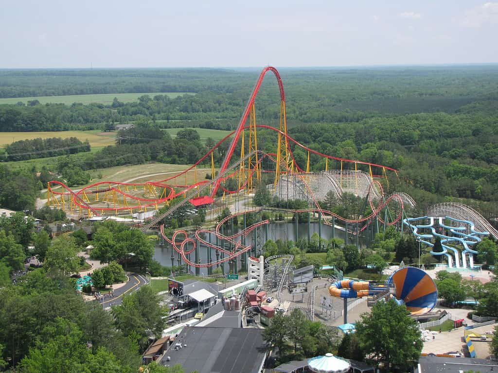 Intimidator 305 ride at Kings Dominion, as seen from Eiffel Tower replica.