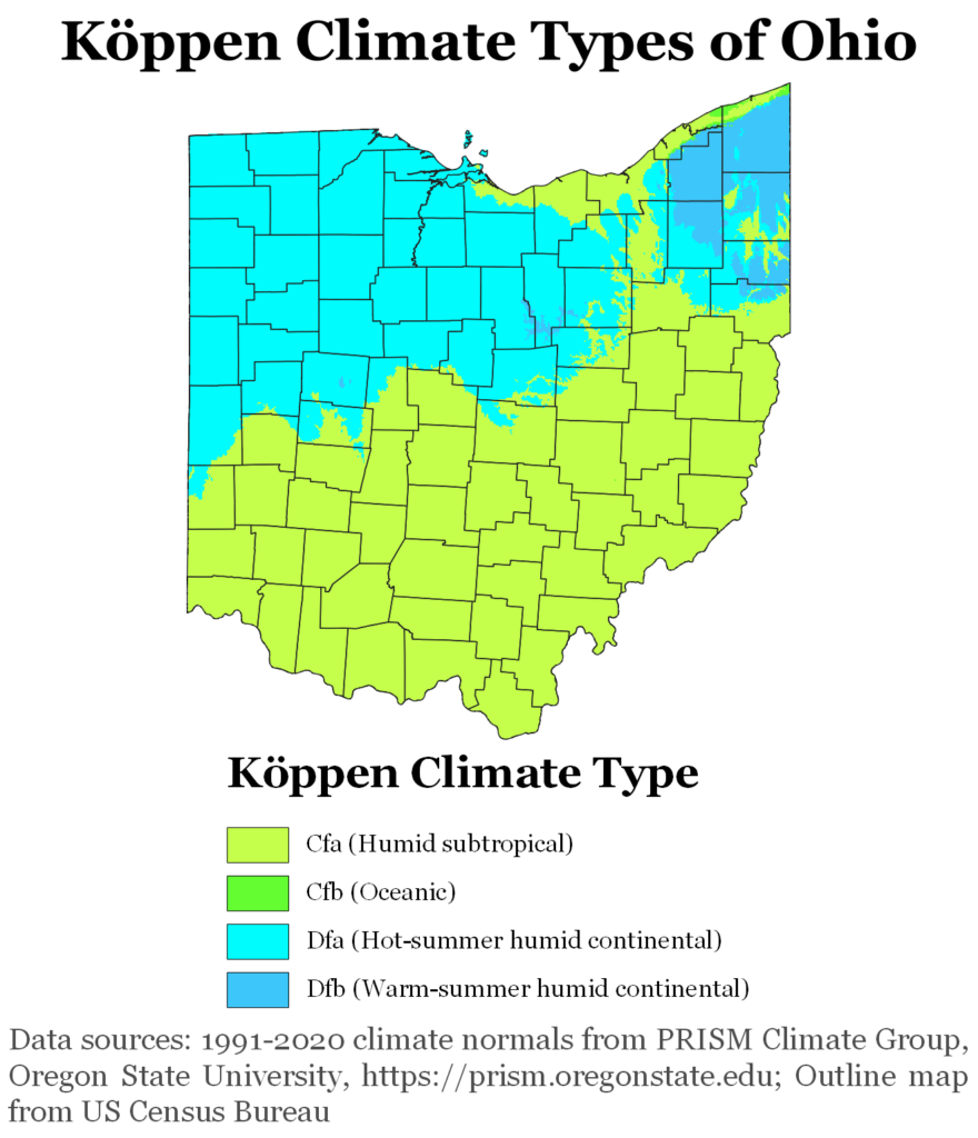 Köppen climate types of Ohio, using 1991-2020 climate normals.