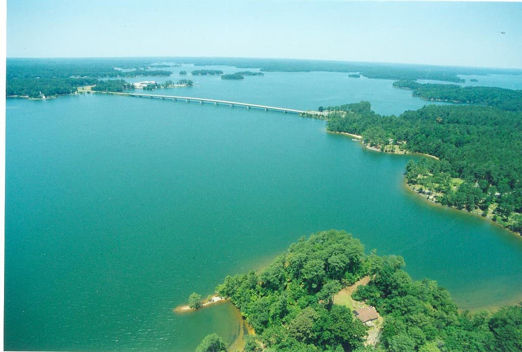 Aerial view of a man-made lake surrounded by trees and lush vegetation.