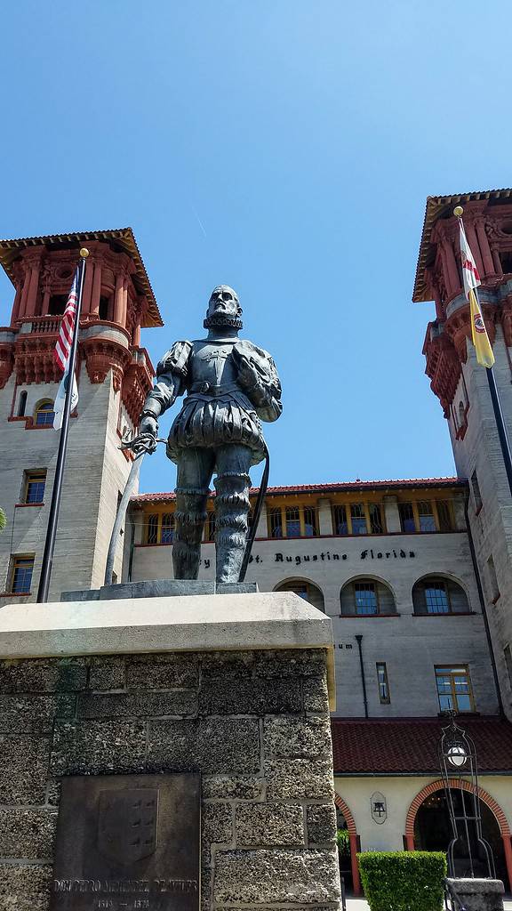 A statue of Pedro Menéndez de Avilés, founder of St. Augustine, stands in the Florida city today.