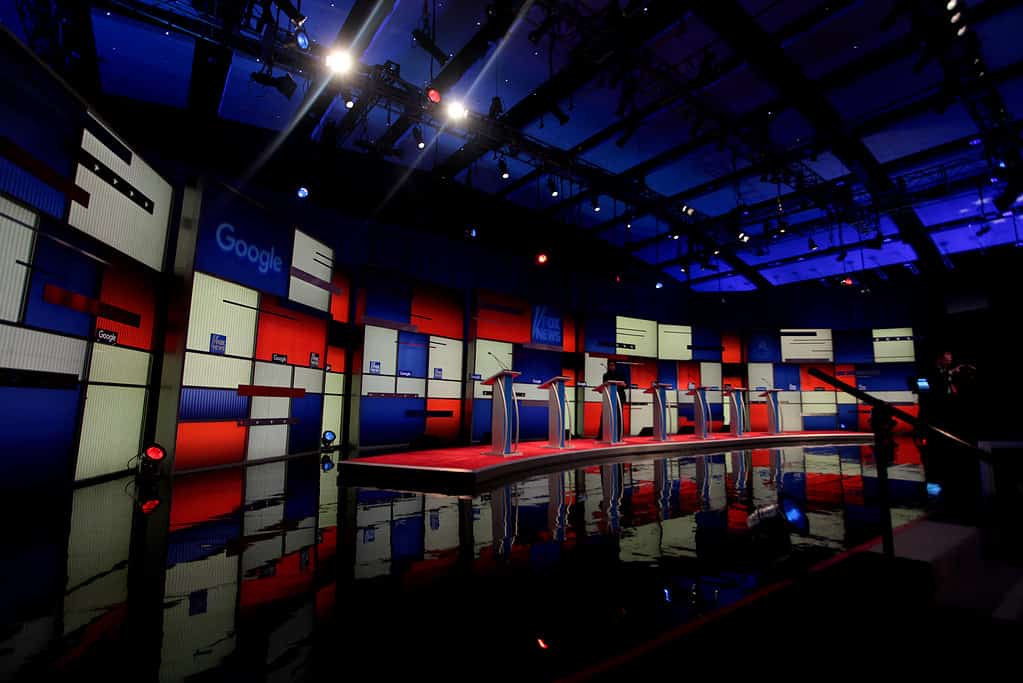 Republican Party debate stage hosted by Fox News in Des Moines, Iowa.