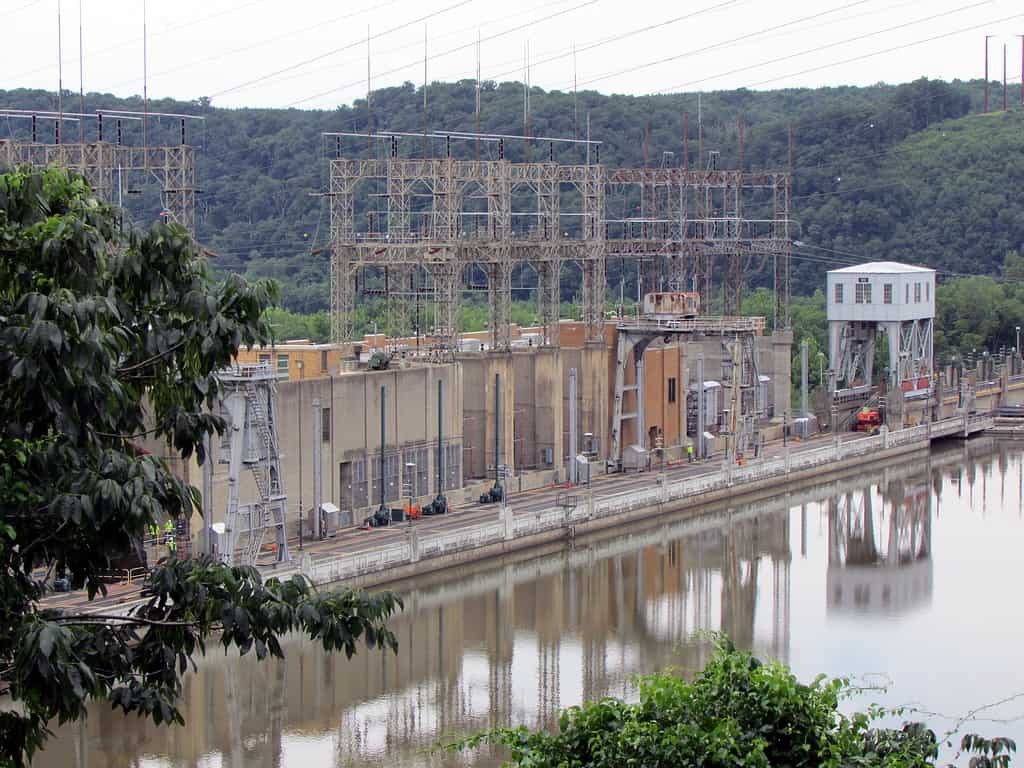 View of the Safe Harbor Dam on the Susquehanna River, Pennsylvania, as seen from the Enola Low-Grade Trail.