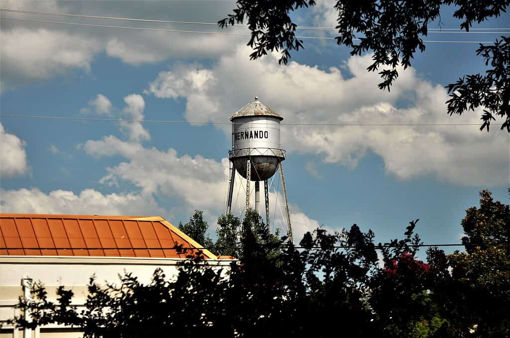 The historic Hernando water tower from the grounds of the Desoto County courthouse in Mississippi