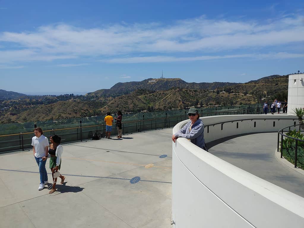 View from the balcony at Griffith Observatory on the Hollywood sign and Mt. Lee