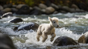 Baby Mountain Goat Fearlessly Braves Raging Rapids in Attempt to with Its Mother photo